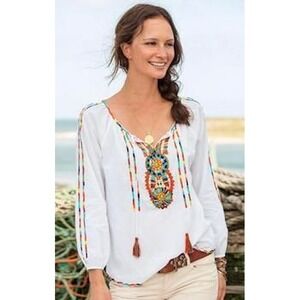 Sundance Women's White Boho Embroidered Beaded Rainbow Peasant Blouse Shirt XL